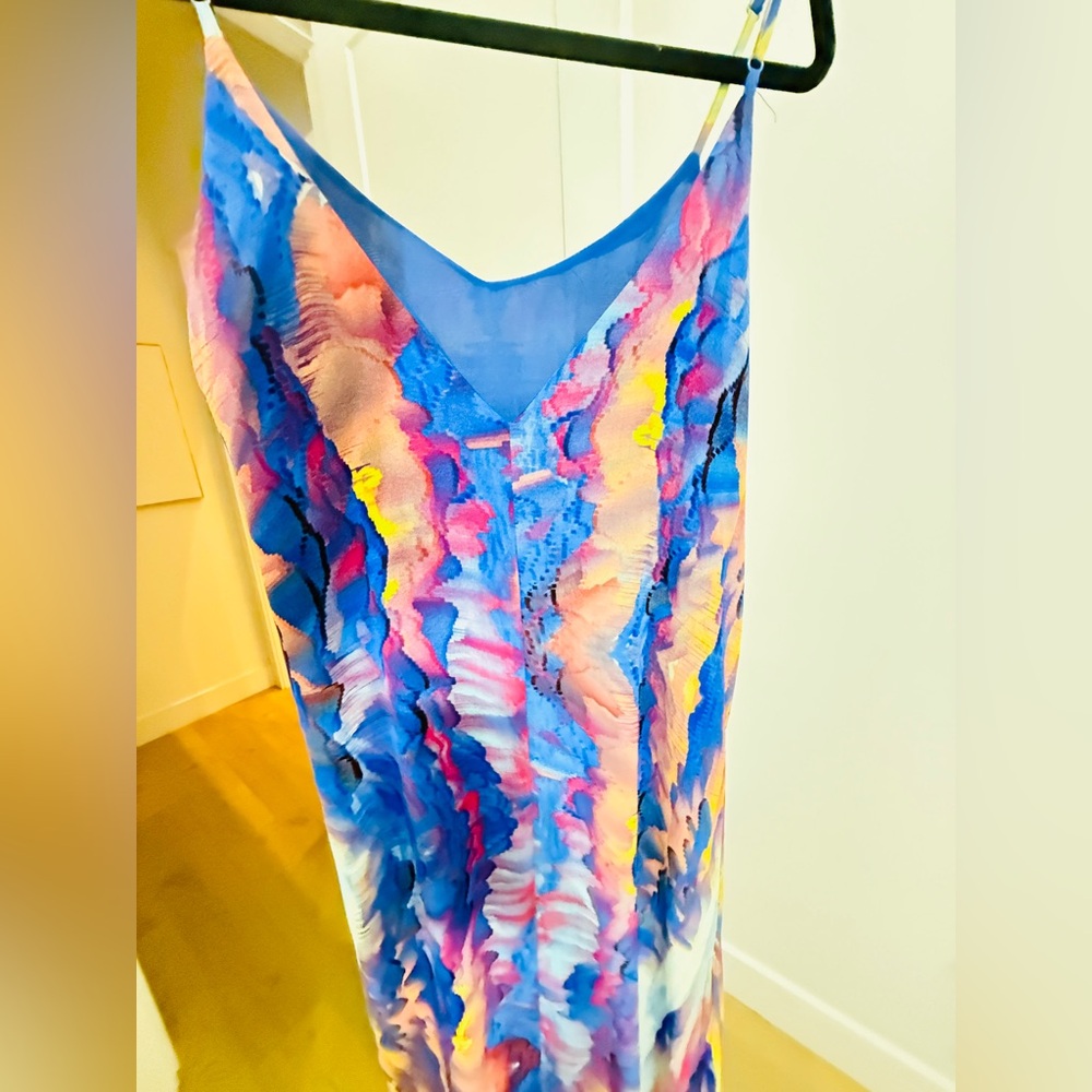 Lulus, Blue Flowy Maxi,Watercolor Pattern Spaghetti Strap Dress, W Slit, Sz: M - Picture 5 of 7